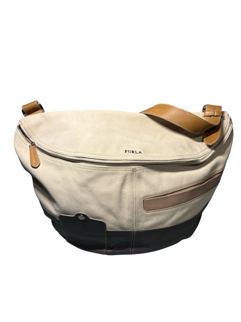 Furla Tri-Color Leather Hobo Bag Cream Taupe Brown Made In Romania